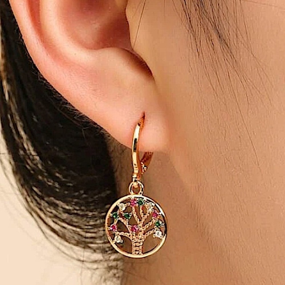 Gold 14K GP Tree Of Life Zircon Earrings - Picture 1 of 4